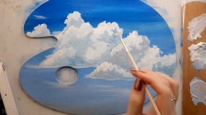 Рисуем облака на деревянной палитре акрилом (гуашью)