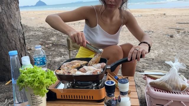 Solo Beauty Overnight Camping On The Coast ?morning Swim Young Girl?ASMR Ocean Sound