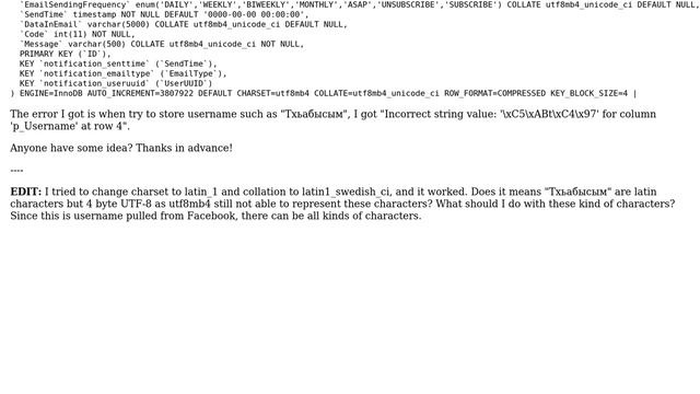 Databases: Incorrect string value: 'xC5xABtxC4x97' смотреть онлайн