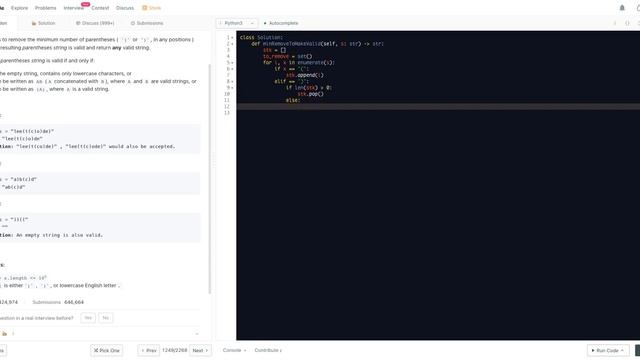 Minimum Remove to Make Valid Parentheses - Leetcode 1249 - Python3 смотреть онлайн