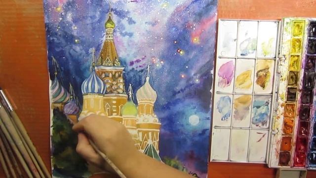 Night in Moscow , watercolor/"Ночь в Москве", акварель смотреть онлайн