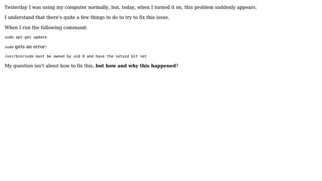 Ubuntu: Suddenly sudo gets error 'usr/bin/sudo must be owned by uid 0 смотреть онлайн
