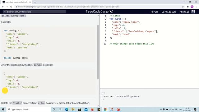 Lesson 87 - delete properties from JavaScript object - freecodecamp смотреть онлайн