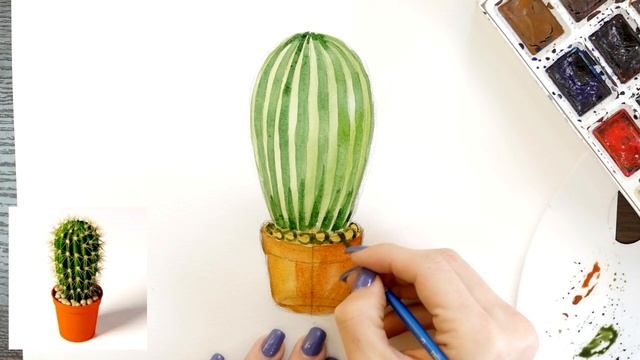 Как нарисовать кактус карандашом и акварелью | Рисунок поэтапно и легко для детей смотреть онлайн