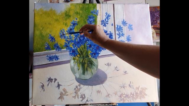 Живопись маслом. Васильки на окне. Часть 2. Cornflowers. Oil painting. смотреть онлайн