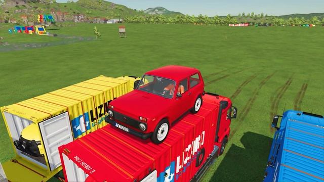 TRANSPORTING COLORED TOYOTA & LADA PICKUP WITH COLORED  MERCEDES TRUCKS ! Farming Simulator 22 !