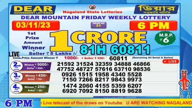 Dear Mountain Friday Weekly Lottery 6:00 PM 03.11.2023 Dera Nagaland State Lotteries Live Draw смотреть онлайн