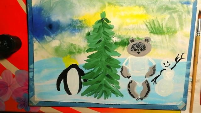 Как нарисовать, как пингвинёнок, мишка и снеговик ёлку нарядили.