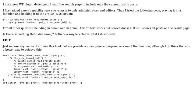 Wordpress: Including only current user's posts in search смотреть онлайн