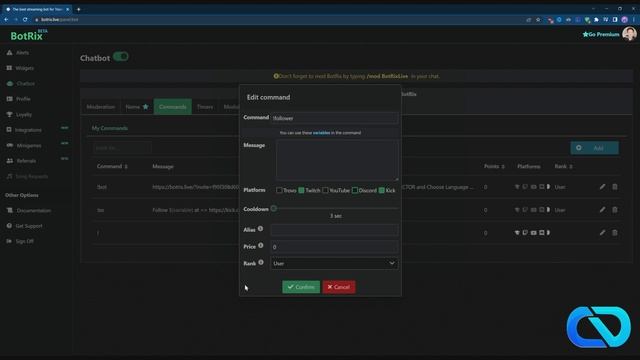 How to setup Command in Botrix for Kick.com