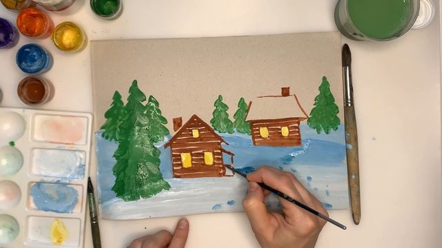 Как нарисовать дом. Рисуем деревенские домики. Зима. Урок рисования для детей. смотреть онлайн