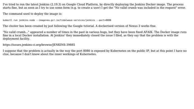 Dockerized Jenkins on GCP Kubernetes gives "No valid crumb was included in the request" смотреть онлайн