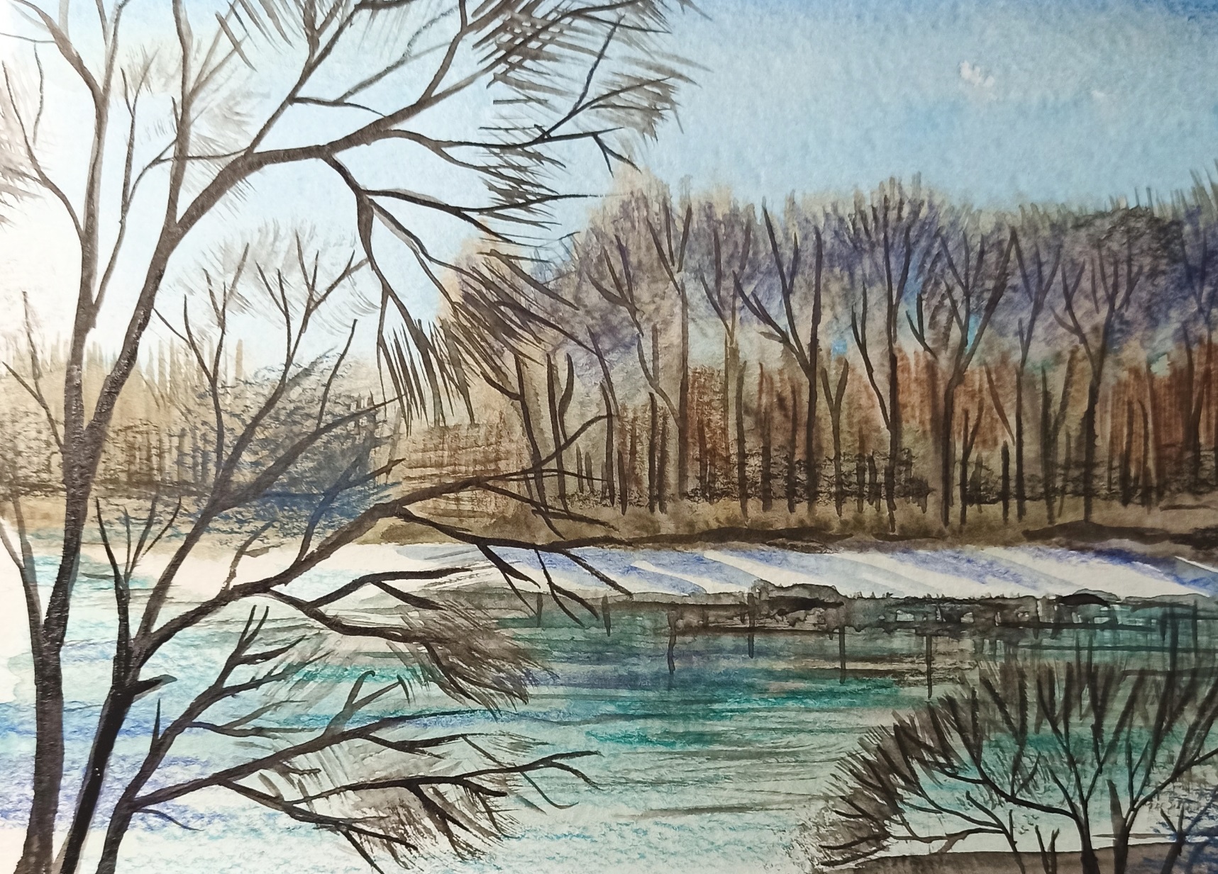 Ранняя весна на реке, как нарисовать пейзаж акварелью. смотреть онлайн