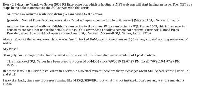 DevOps & SysAdmins: Why does my server lose SQL connection every 2-3 days (reboot fixes)? смотреть онлайн