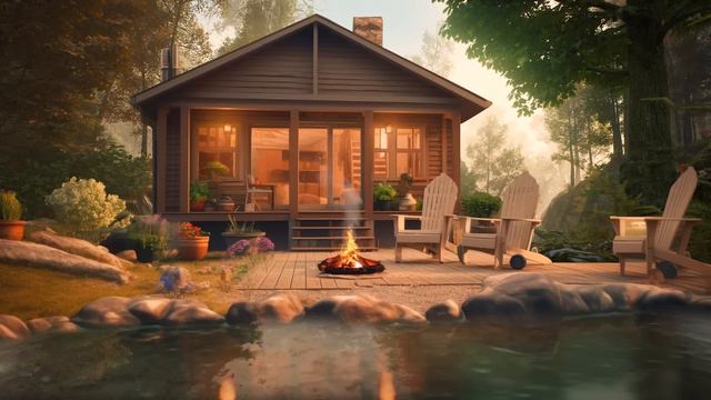 Spring Morning In Cozy Forest Cottage With Relaxing Water And Nature Sounds, Campfire, Birdsounds