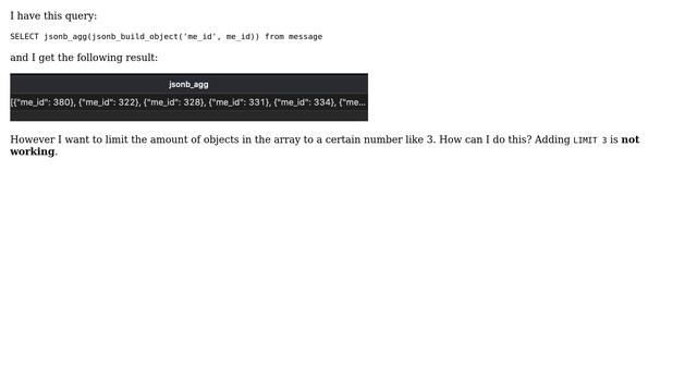 Databases: How to limit amount of rows in jsonb_agg & jsonb_build_object? смотреть онлайн