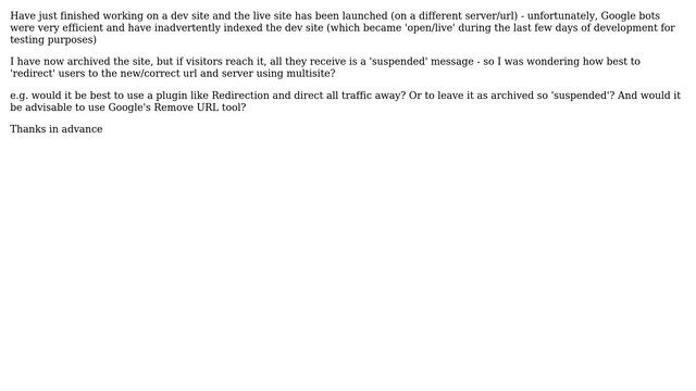 Wordpress: Development (multi)site indexed - recommendations to redirect 301 to correct url? смотреть онлайн