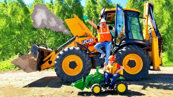 Big Excavator broken Super Lev rides to the rescue on Power Wheel Tractor to help man