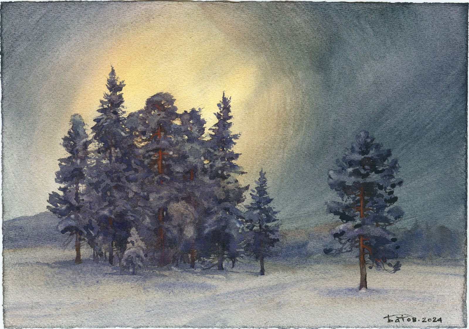 220240218 Зимний пейзаж, акварель смотреть онлайн