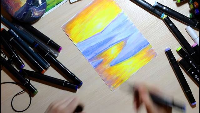 Рисую пейзаж маркерами. Рисуем закат. смотреть онлайн