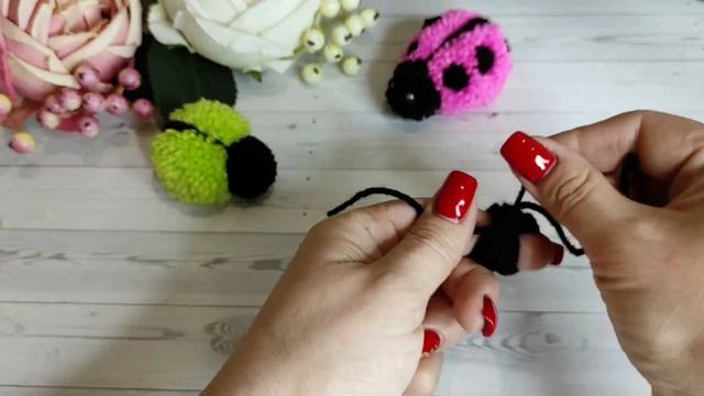 A  Ladybug Making Of Pom-poms.  Ladybug Made Of Wool Yarn. DIY Ideas From Pom-poms.