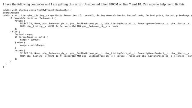 Salesforce: Unexpected token FROM controller смотреть онлайн