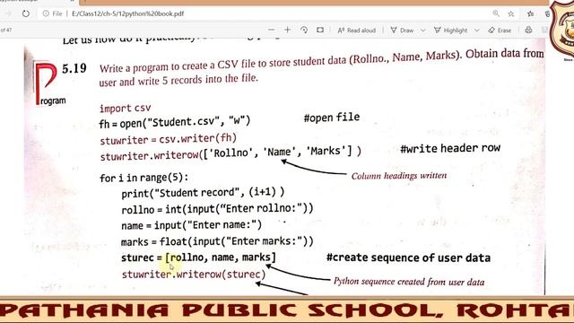 Class 12; Ch 5; File Handling in PYTHON; PRACTICAL+THEORY OF CSV FILES using WRITERROW();WRITEROWS( смотреть онлайн