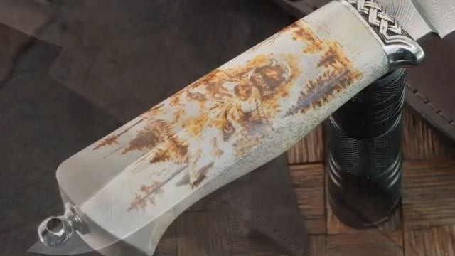 Дамасский Клинок нож Волк А, клинок дамаск, рукоять рог смотреть онлайн