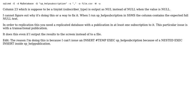 Databases: sqlcmd returning NUL instead of NULL for tinyint column смотреть онлайн