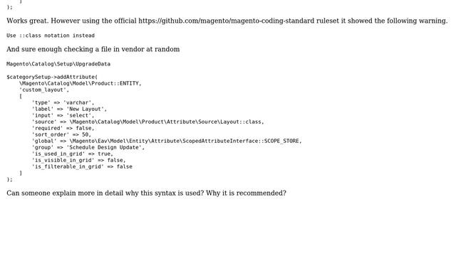 Magento: phpcs Use ::class notation instead warning on attribute source field смотреть онлайн