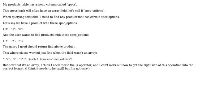 Databases: Postgres: querying jsonb array with an array смотреть онлайн