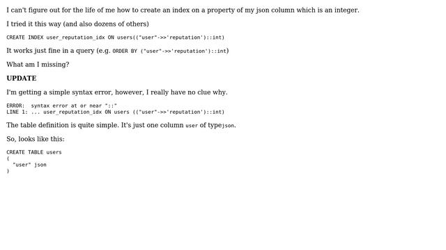 Databases: How to create an index on an integer json property in postgres? (2 Solutions!!) смотреть онлайн