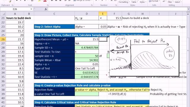 Excel 2010 Statistics 83: 1 Tail Left t Distribution Mean Hypothesis Testing P-value Critical Value смотреть онлайн
