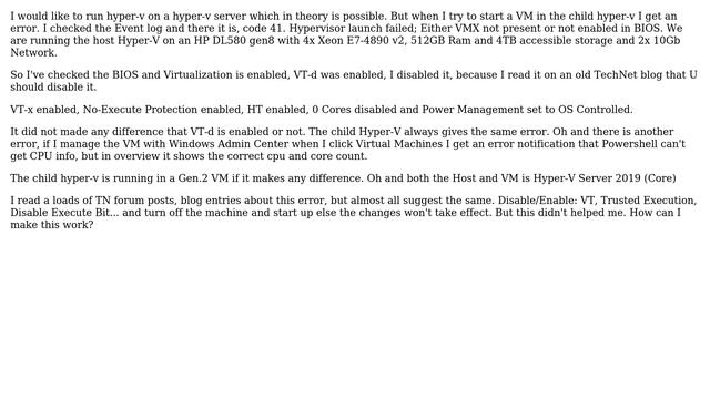 Nested Hyper-V not working error 41 - Hypervisor launch failed; Either VMX not present смотреть онлайн
