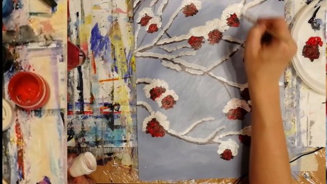 Как нарисовать рябину. Рисуем зиму. Ветка рябины красками. смотреть онлайн