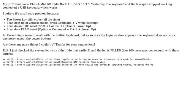 Apple: MacBook Air (13-inch, Mid 2013) not recoginizing keyboard and trackpad смотреть онлайн