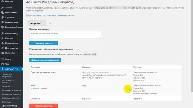 Единый шорткод - инструкция AdsPlace'r Pro смотреть онлайн