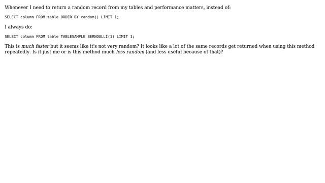 Is "TABLESAMPLE BERNOULLI(1)" not very random at all? (2 Solutions!!) смотреть онлайн