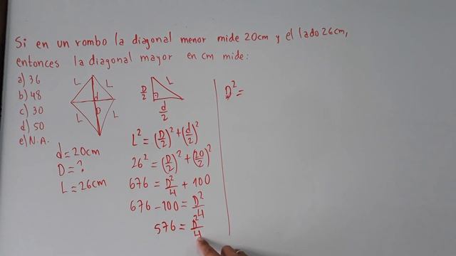 SI EN UN ROMBO LA DIAGONAL MENOR MIDE 20 Y EL LADO 26 LA DIAGONAL MAYOR ES смотреть онлайн