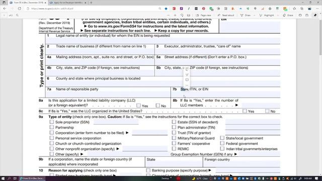 IRS Form SS 4 EIN Application