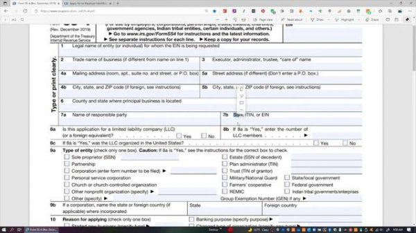 IRS Form SS 4 EIN Application