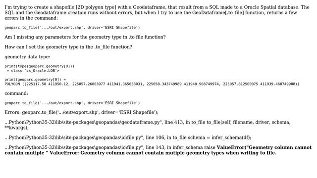 How to create a shapefile [polygon type] from a Geodataframe, returned from a Oracle Spatial... смотреть онлайн