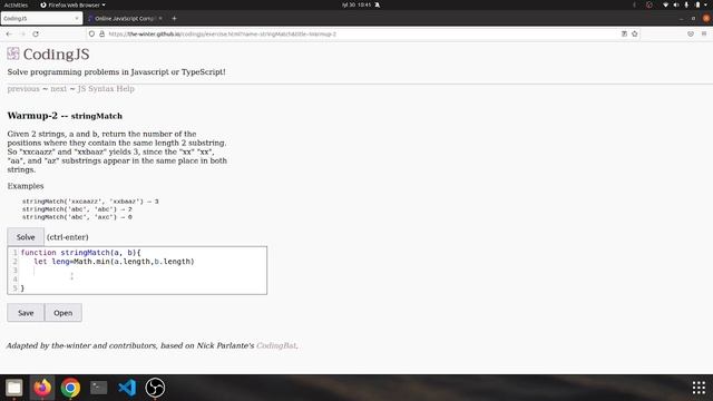 Warmup 2 stringMatch Javascript solution смотреть онлайн