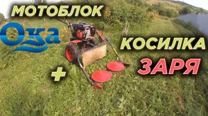 Мотоблок Ока + Роторная косилка Заря. Косим траву на участке.