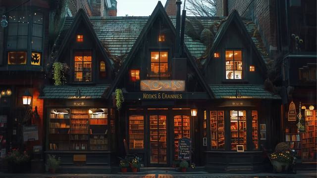 Nooks & Crannies Bookshop _ Dark Potterhead Academia _ 2hr music and rainy atmosphere.