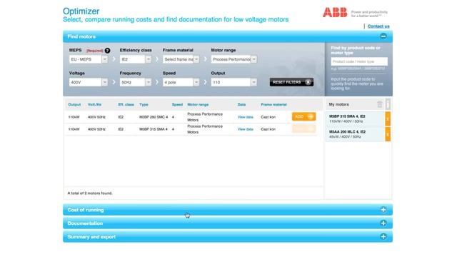 ABB Optimizer - программа для выбора электродвигателей АББ, сравнение и расчета срока окупаемости смотреть онлайн