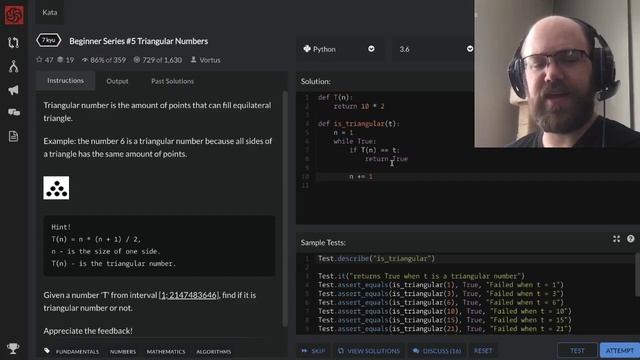 Triangular Numbers - Worked Solution (Brute Force) - Codewars Kata - Python смотреть онлайн