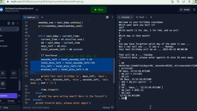 Using string split method and list indexing to extract hours, mins, seconds in Birthday Countdown смотреть онлайн