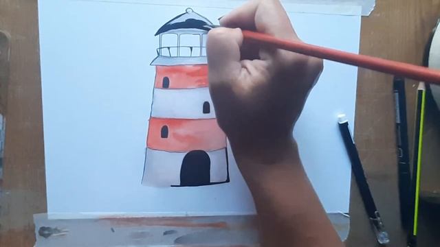 Как нарисовать маяк акварелью. Рисуем морской пейзаж. Рисуем маяк легко.Рисуем море акварелью. смотреть онлайн