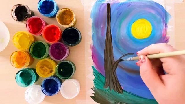 Рисуем осеннее дерево. Как нарисовать осень- пейзаж гуашью. Рисуем вместе смотреть онлайн